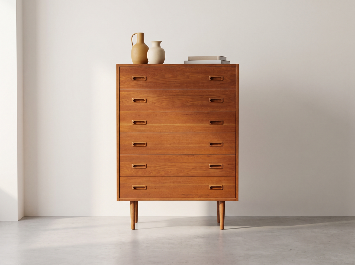 Teak 6-Drawer Tall Dresser with Recessed Pulls