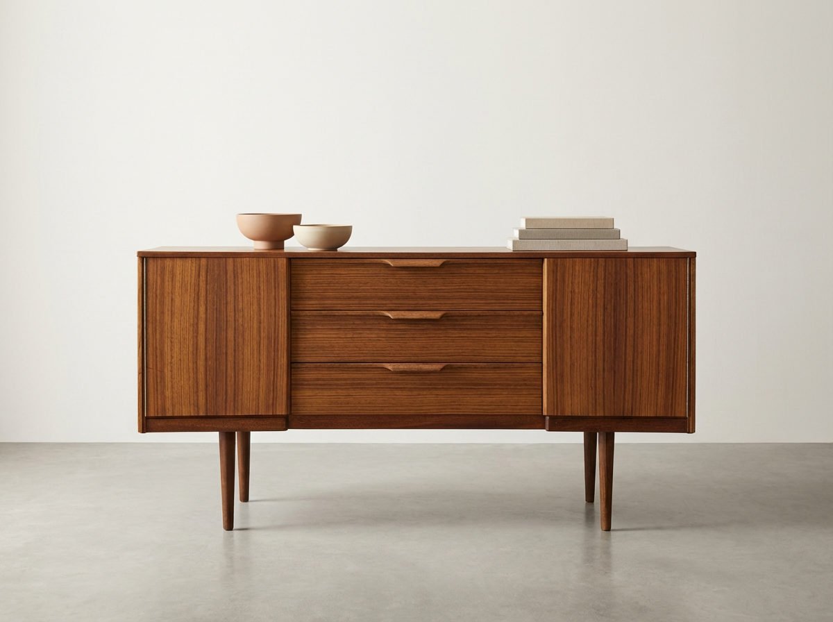 Teak Sideboard with Center Drawers & Cabinet Storage
