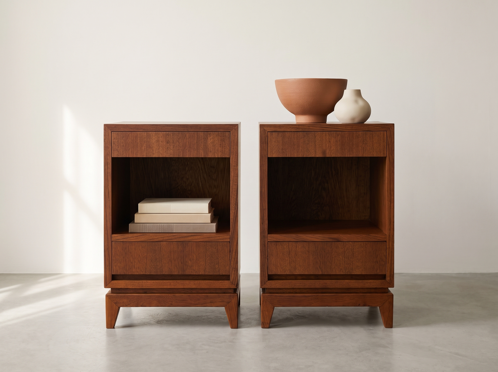 Pair of Teak Nightstands with Open Storage