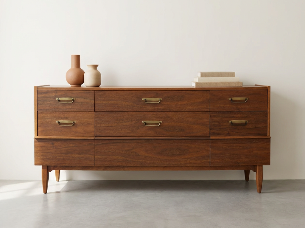 Walnut 9-Drawer Dresser with Brass Campaign Pulls