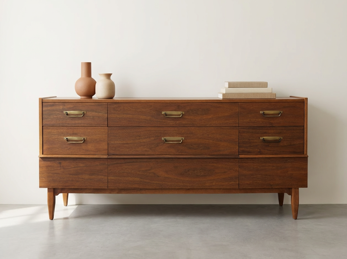 Walnut 9-Drawer Dresser with Brass Campaign Pulls