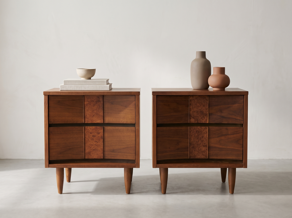Pair of Walnut Nightstands with Burl Accents