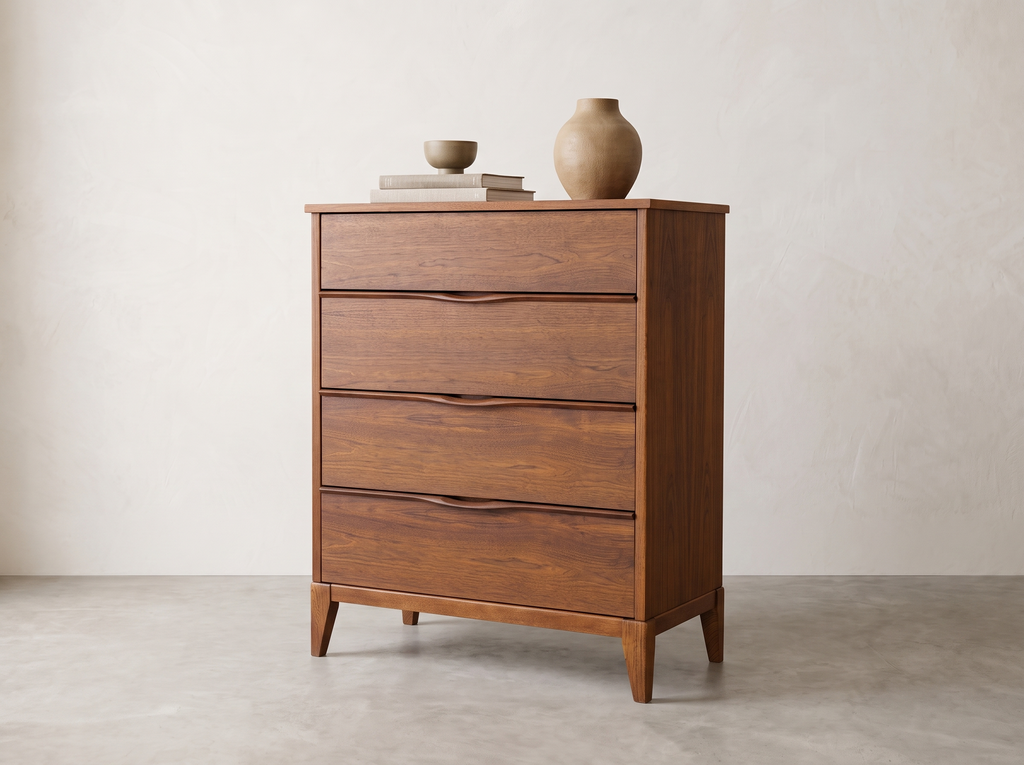 Walnut 4-Drawer Tall Dresser with Sculpted Finger Pulls