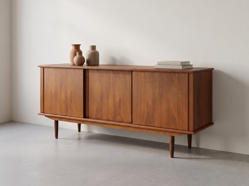 Teak Credenza with Sliding Doors and Pull-Out Tray