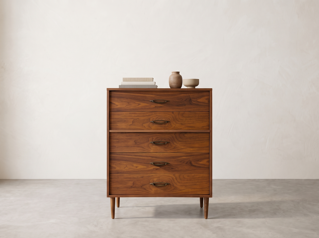 Walnut 5-Drawer Tall Dresser with Sculpted Brass Pulls