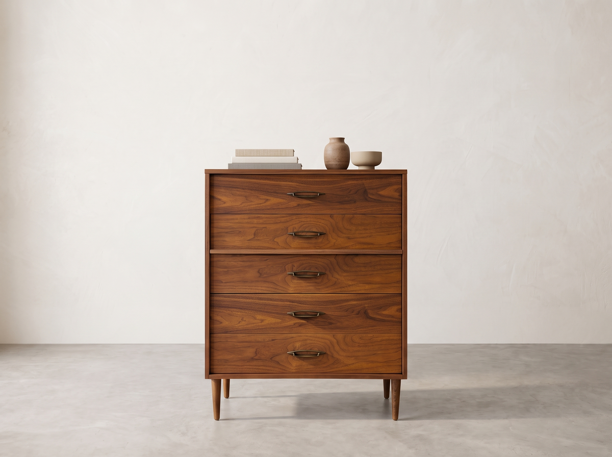 Walnut 5-Drawer Tall Dresser with Sculpted Brass Pulls