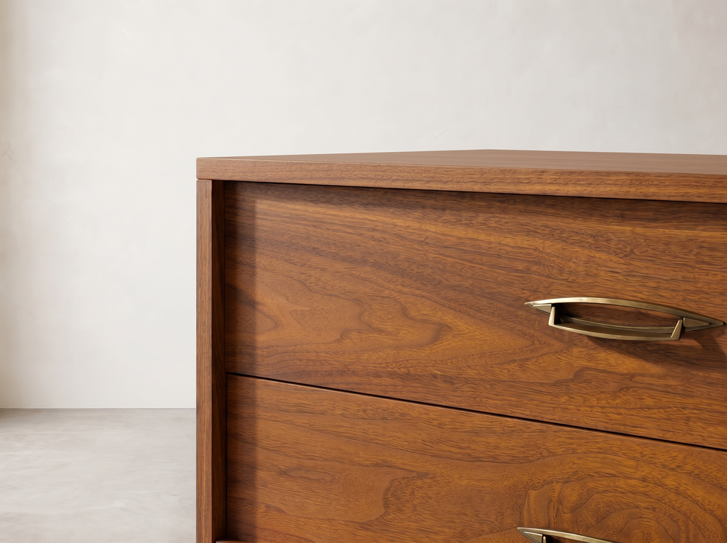 Walnut 5-Drawer Tall Dresser with Sculpted Brass Pulls