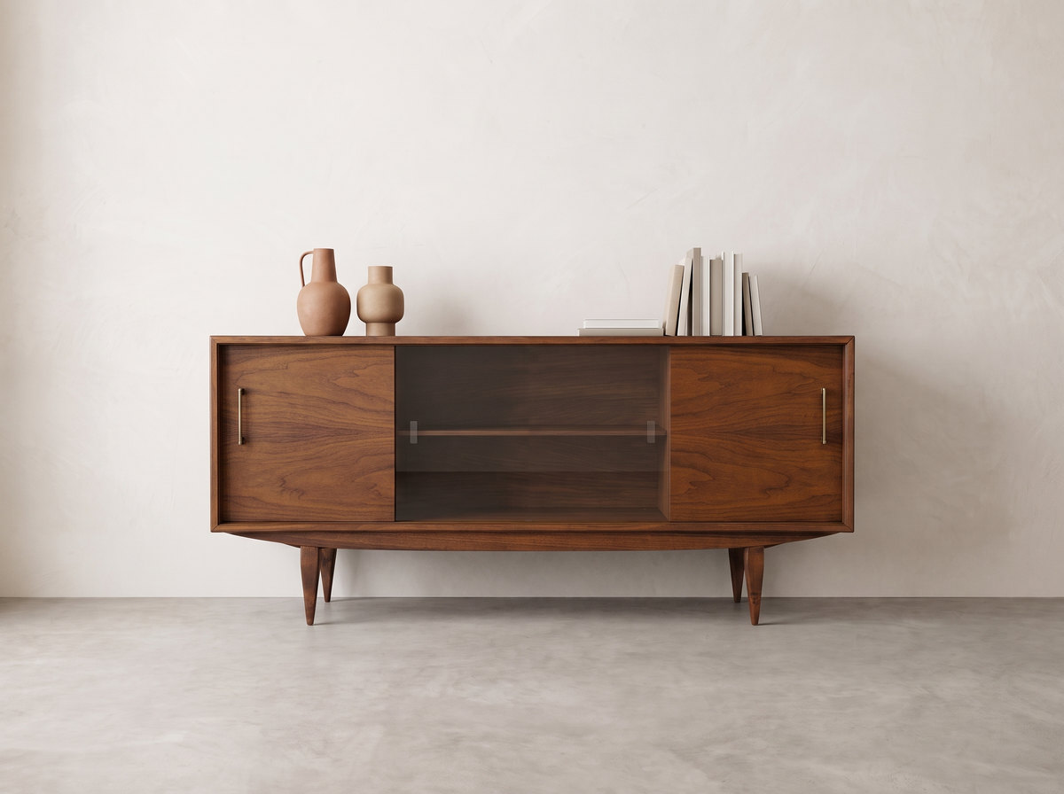 Walnut Credenza with Glass Sliding Cabinet