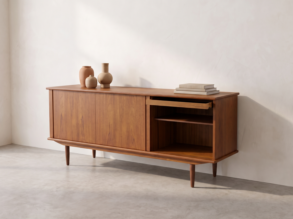 Teak Credenza with Sliding Doors and Pull-Out Tray