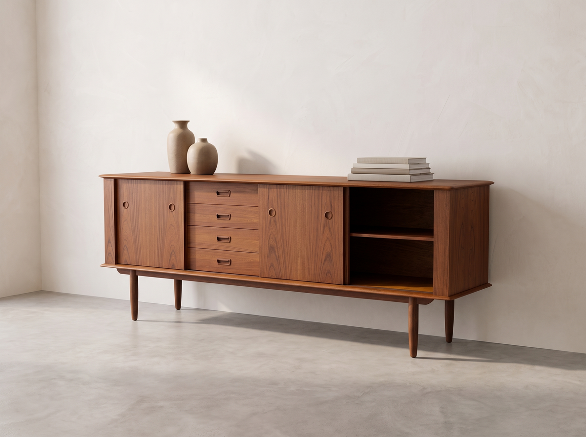R. Huber Teak Credenza with Four Drawers and Sculpted Circular Pulls