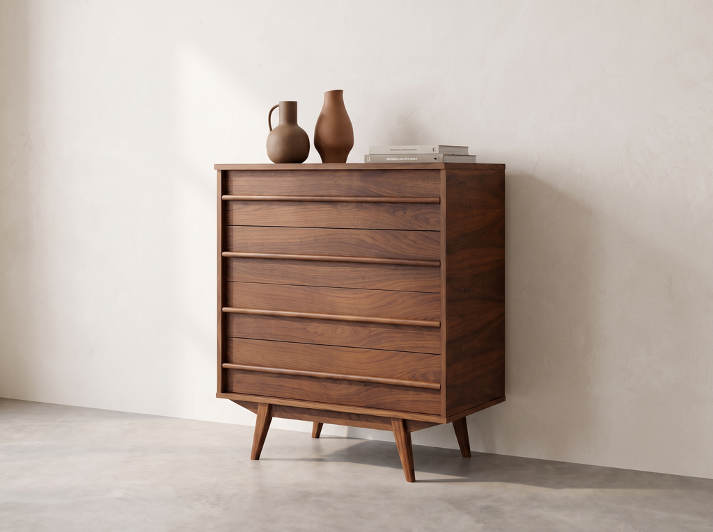 Walnut 5-Drawer Tall Dresser with Sculpted Linear Pulls