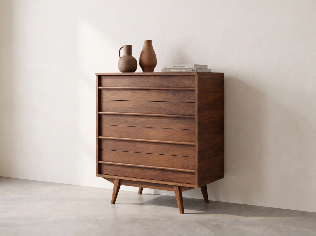 Walnut 5-Drawer Tall Dresser with Sculpted Linear Pulls