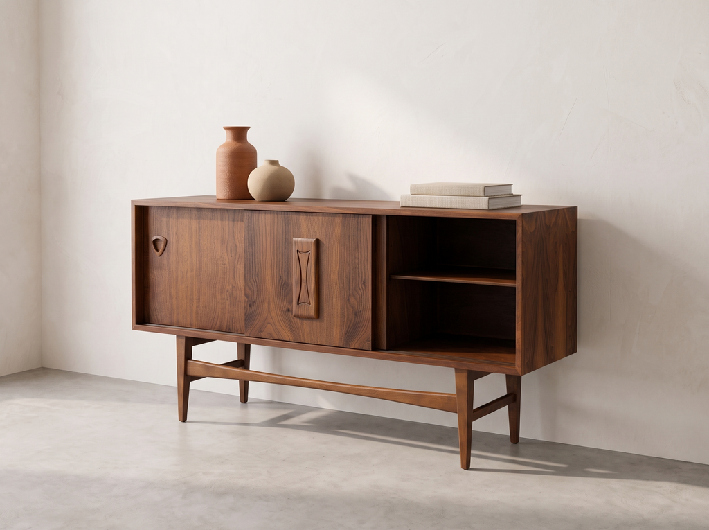 Deilcraft Walnut Floating Credenza with Sculptural Hardware