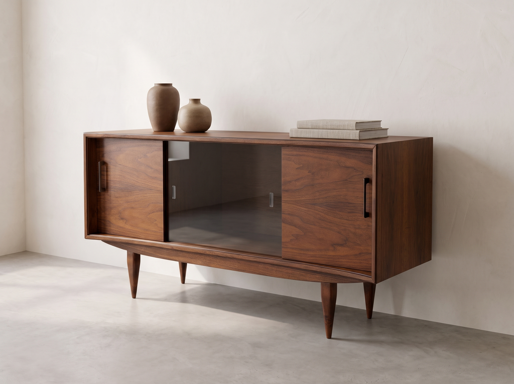 Walnut Credenza with Glass Sliding Cabinet