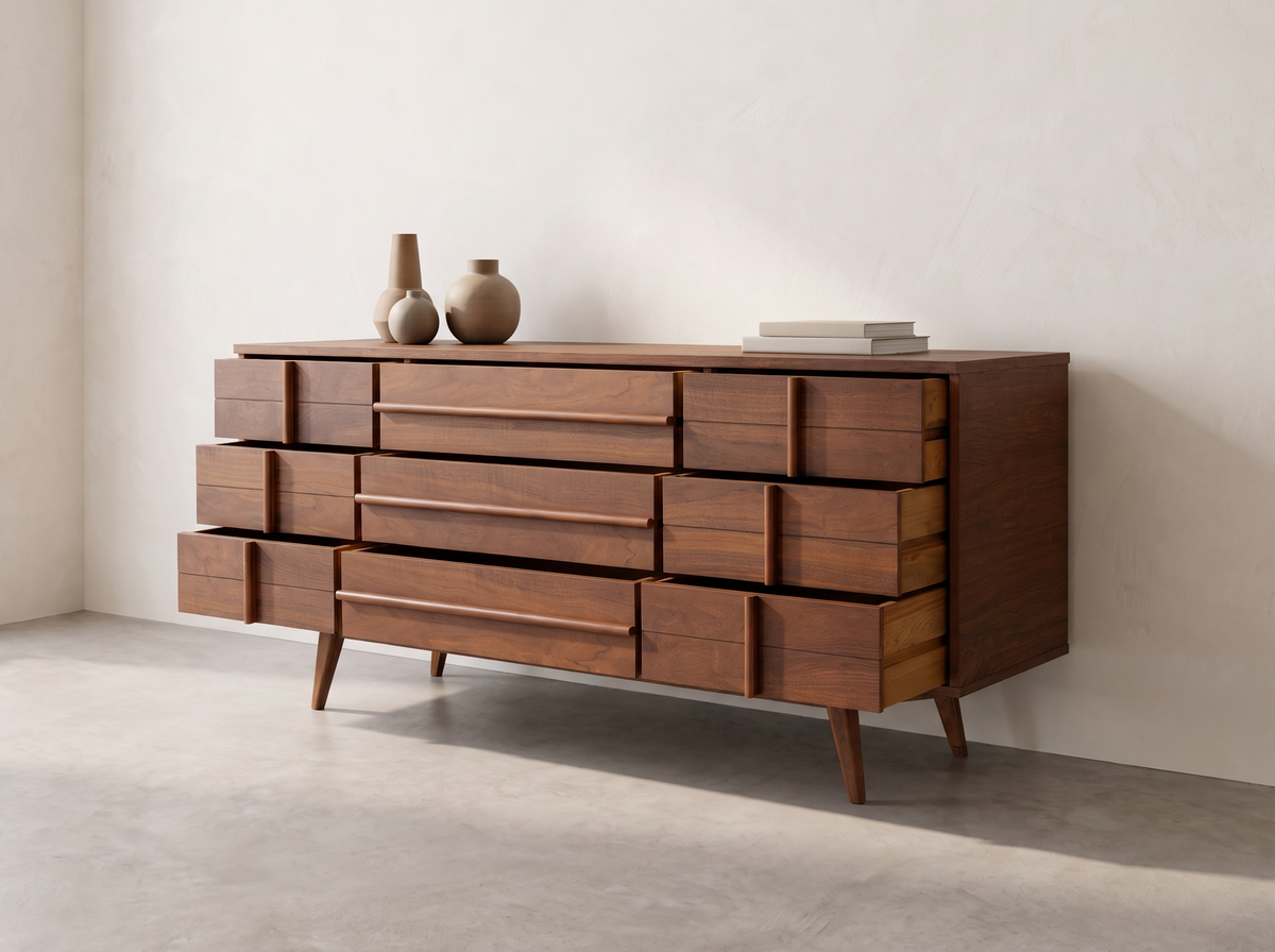 Walnut 9-Drawer Dresser with Sculpted Linear Hardware