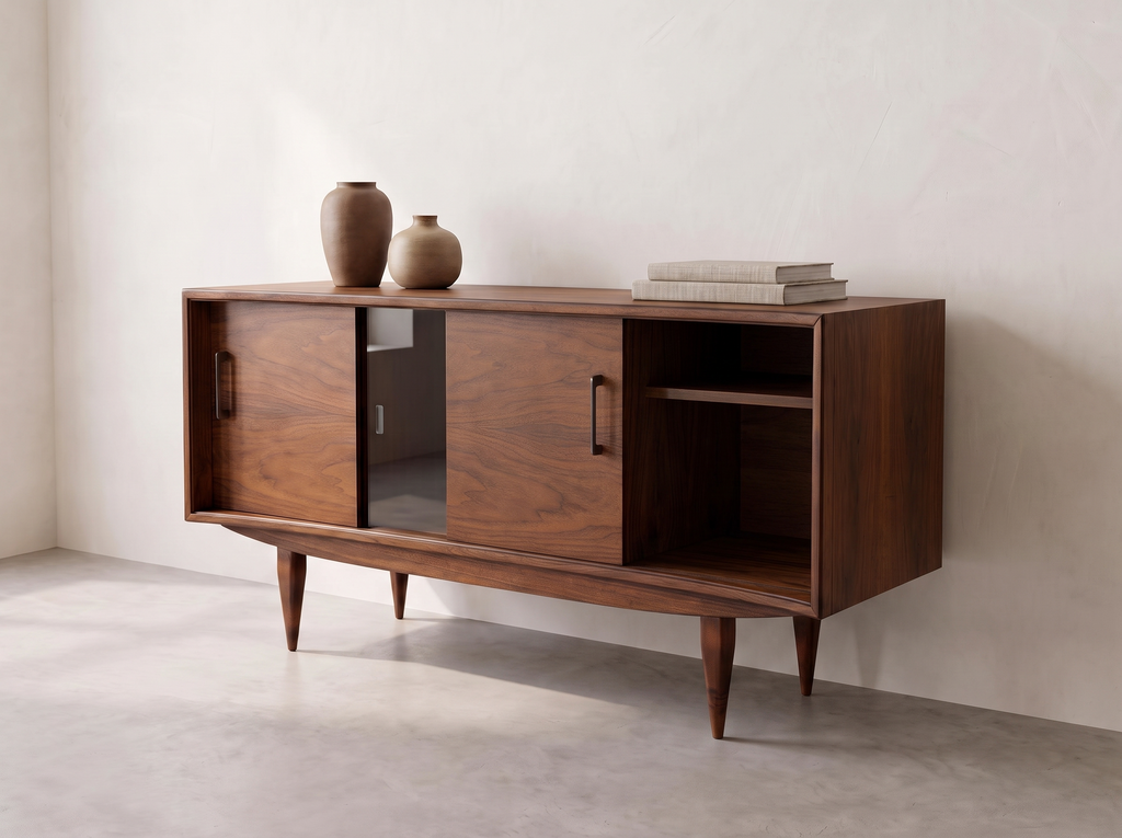 Walnut Credenza with Glass Sliding Cabinet