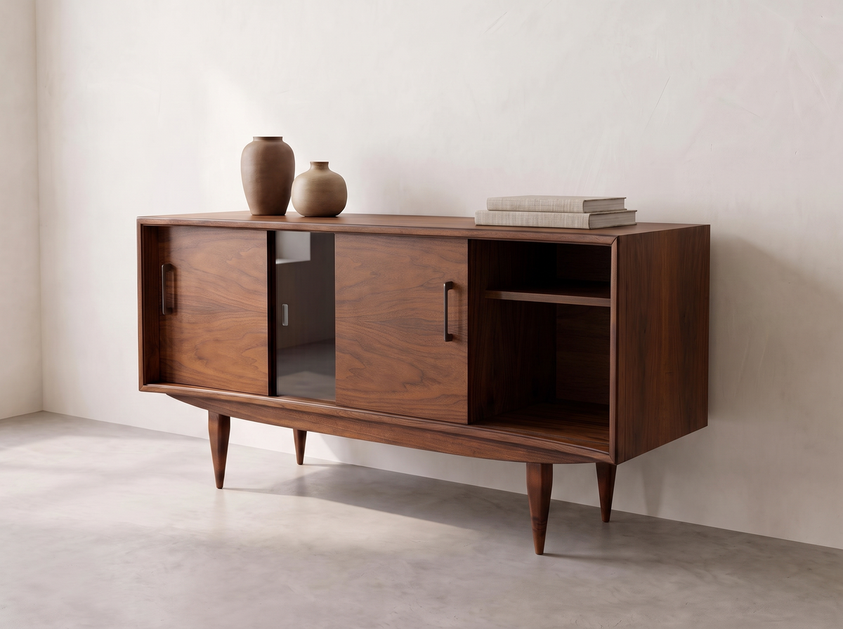 Walnut Credenza with Glass Sliding Cabinet
