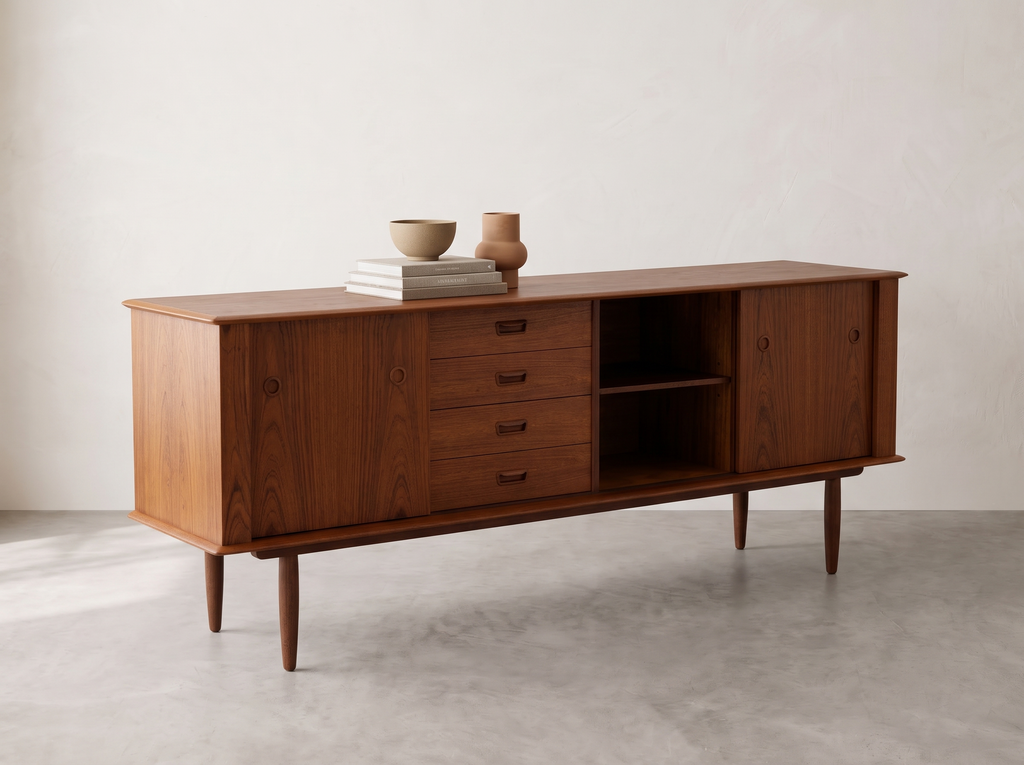 R. Huber Teak Credenza with Four Drawers and Sculpted Circular Pulls