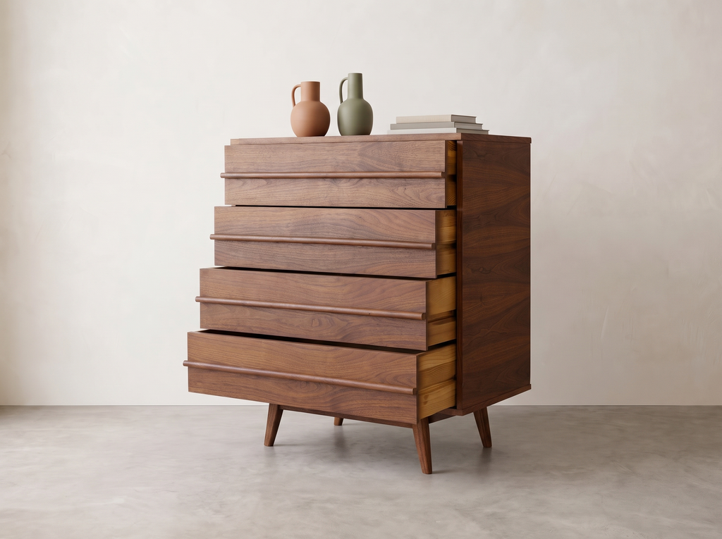 Walnut 5-Drawer Tall Dresser with Sculpted Linear Pulls