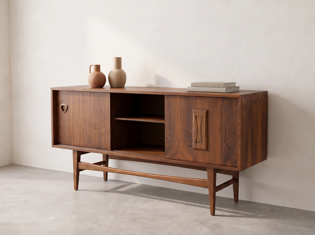 Deilcraft Walnut Floating Credenza with Sculptural Hardware