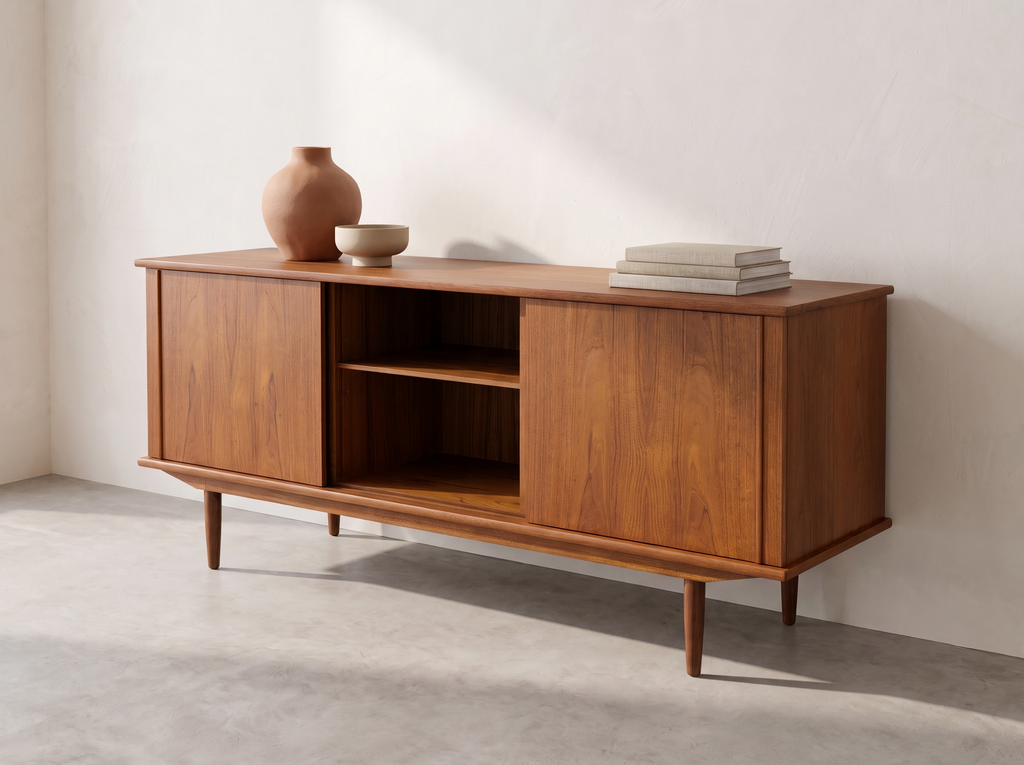 Teak Credenza with Sliding Doors and Pull-Out Tray
