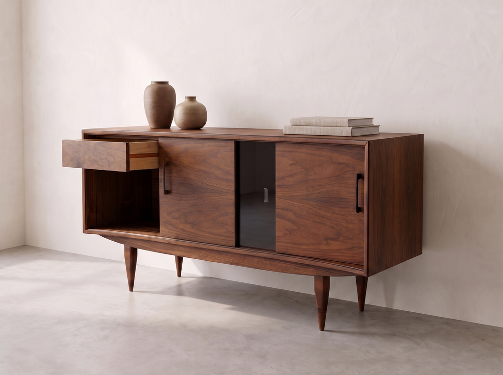 Walnut Credenza with Glass Sliding Cabinet