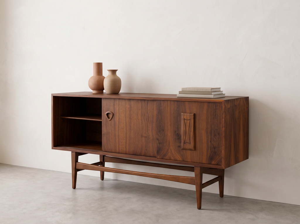 Deilcraft Walnut Floating Credenza with Sculptural Hardware