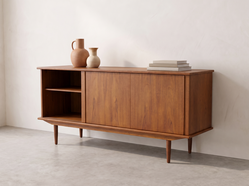 Teak Credenza with Sliding Doors and Pull-Out Tray