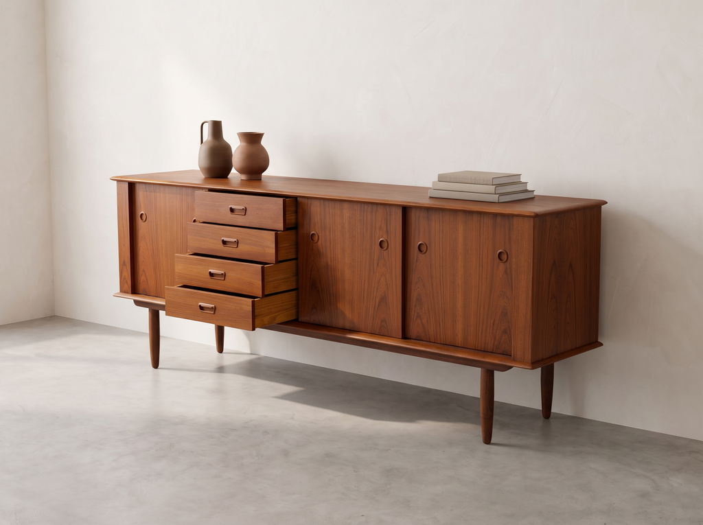 R. Huber Teak Credenza with Four Drawers and Sculpted Circular Pulls