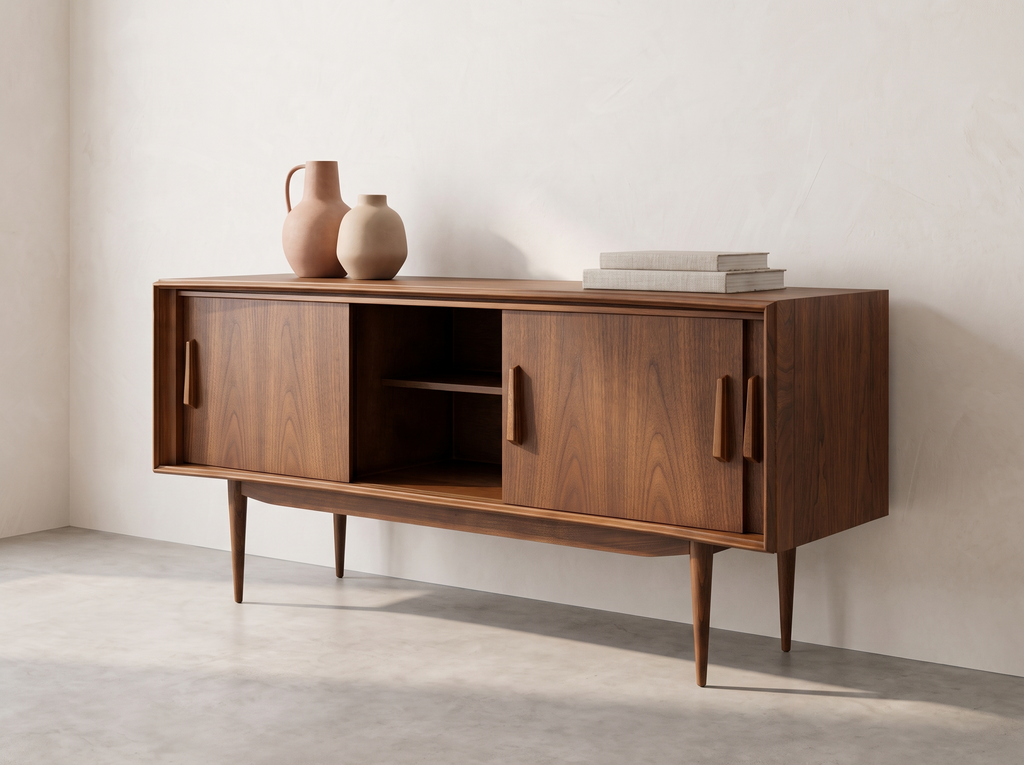 Deilcraft Walnut Credenza with Sculpted Vertical Pulls
