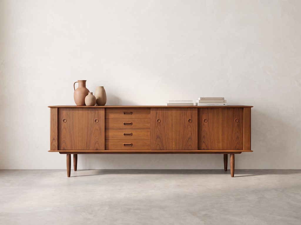 R. Huber Teak Credenza with Four Drawers and Sculpted Circular Pulls