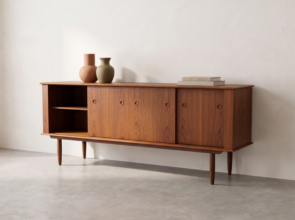 R. Huber Teak Credenza with Four Drawers and Sculpted Circular Pulls