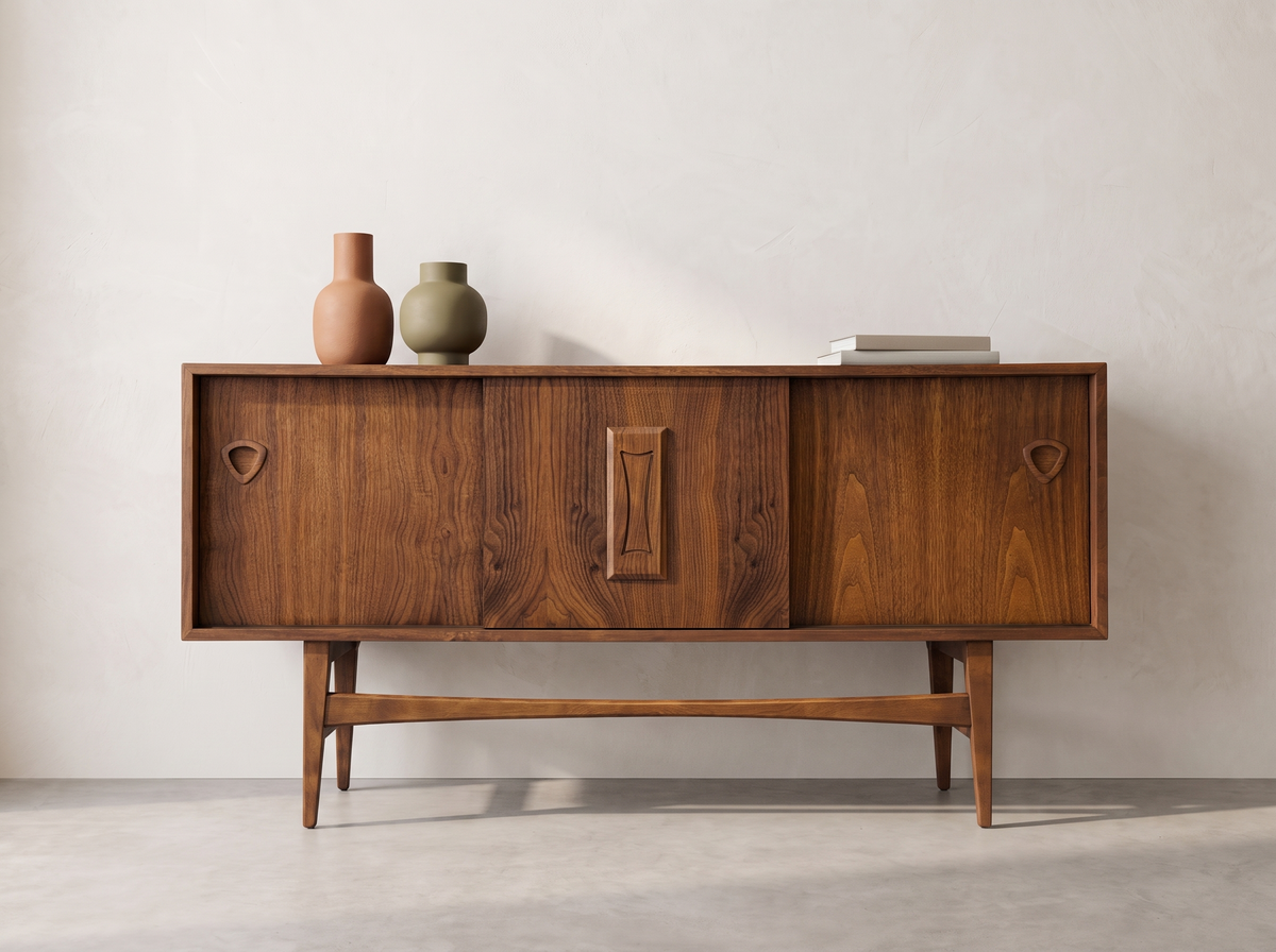 Deilcraft Walnut Floating Credenza with Sculptural Hardware