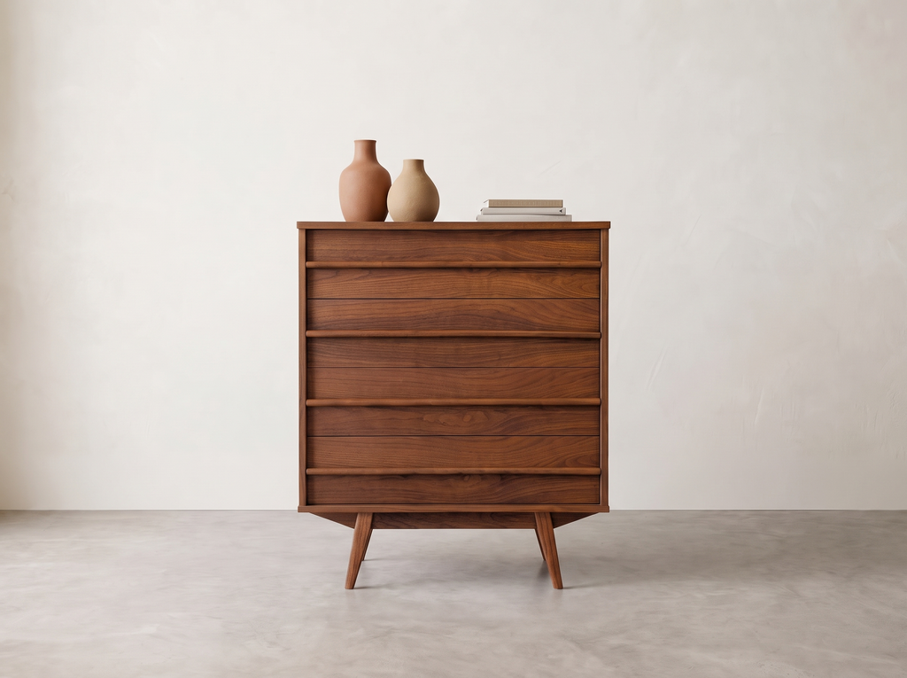 Walnut 5-Drawer Tall Dresser with Sculpted Linear Pulls
