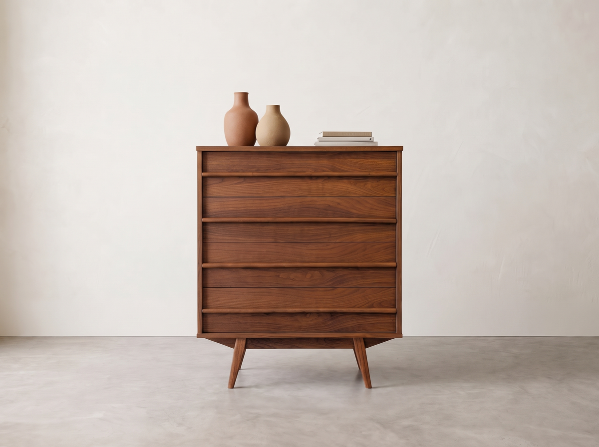 Walnut 5-Drawer Tall Dresser with Sculpted Linear Pulls