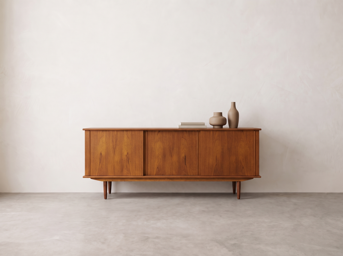 Teak Credenza with Sliding Doors and Pull-Out Tray