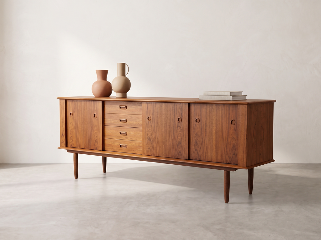 R. Huber Teak Credenza with Four Drawers and Sculpted Circular Pulls