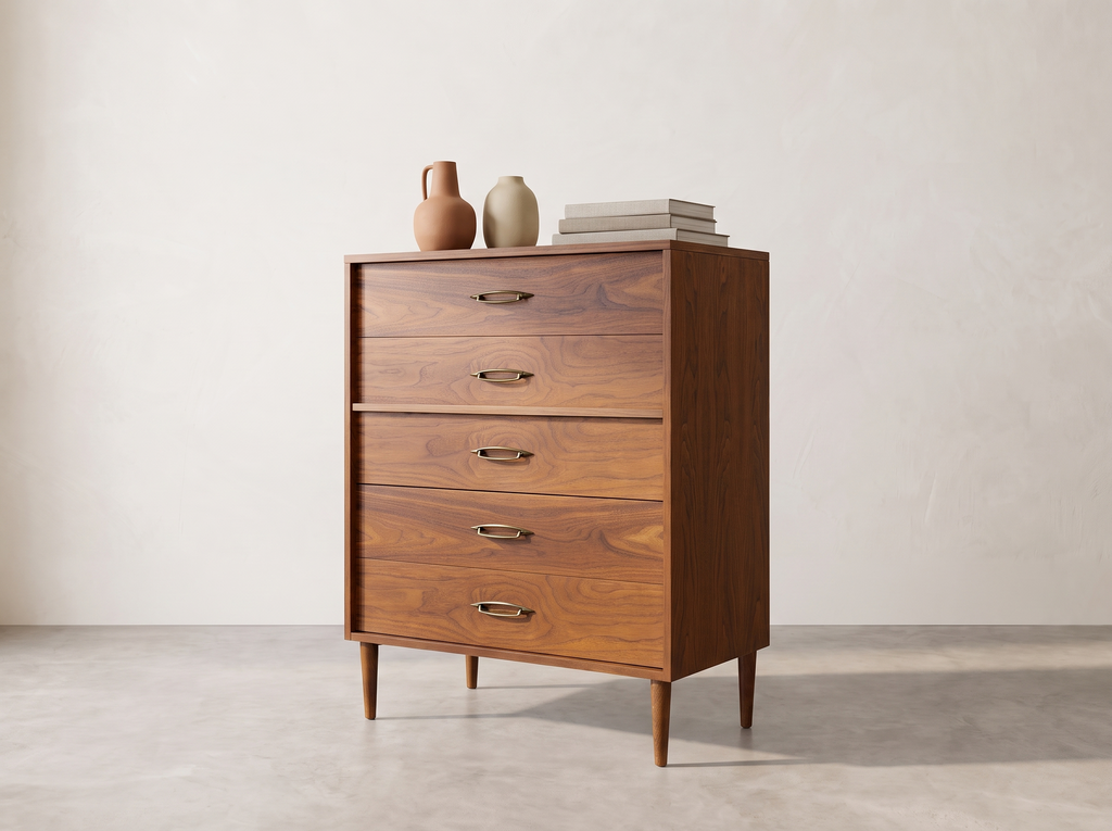 Walnut 5-Drawer Tall Dresser with Sculpted Brass Pulls