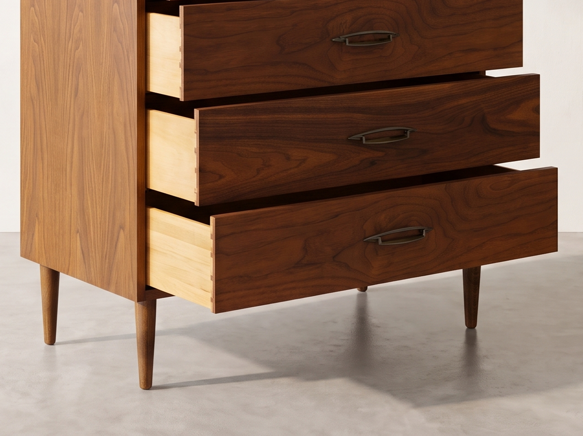 Walnut 5-Drawer Tall Dresser with Sculpted Brass Pulls