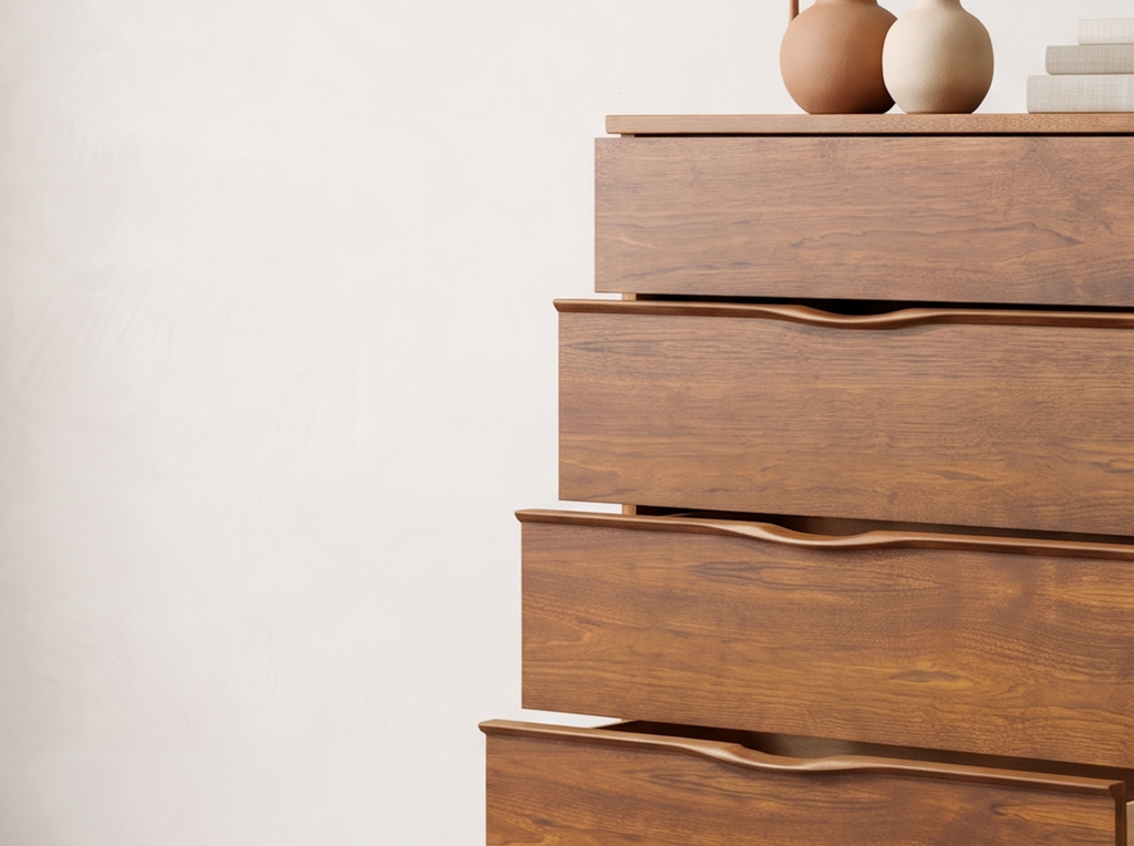 Walnut 4-Drawer Tall Dresser with Sculpted Finger Pulls