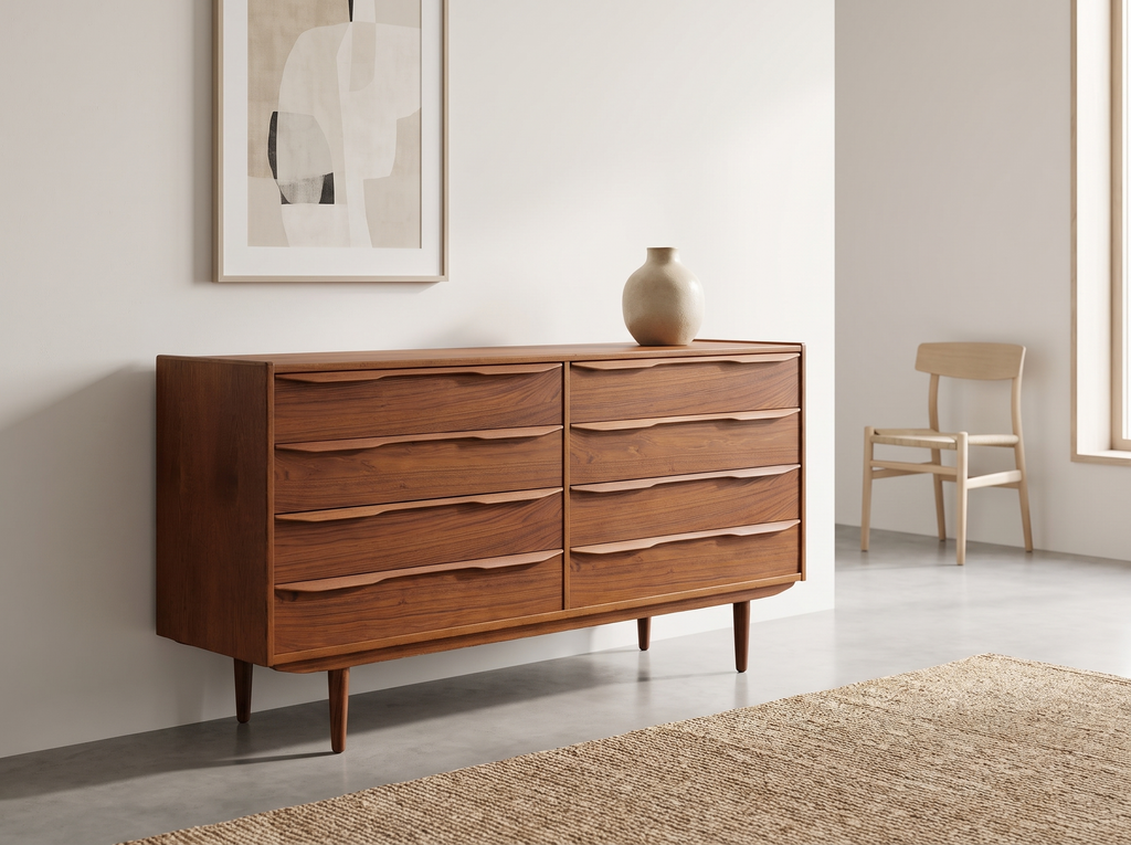 Teak 8-Drawer Dresser with Sculpted Pulls
