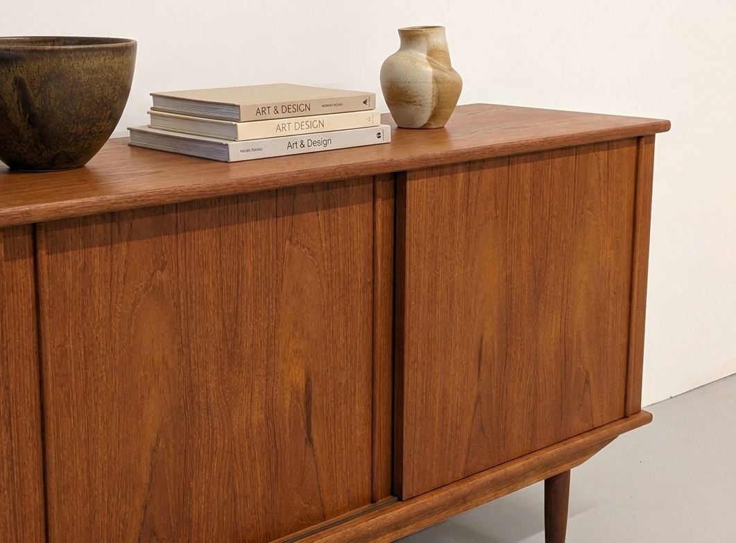 Teak Credenza with Sliding Doors and Pull-Out Tray