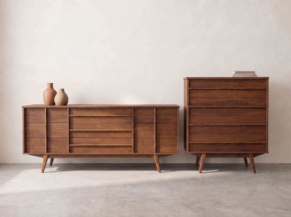 Walnut 5-Drawer Tall Dresser with Sculpted Linear Pulls