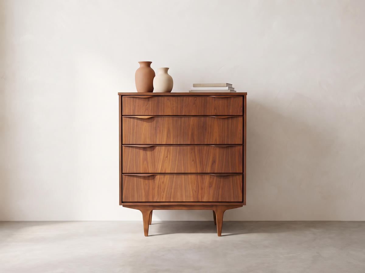 Viscol Walnut 4-Drawer Tallboy with Sculpted Pulls